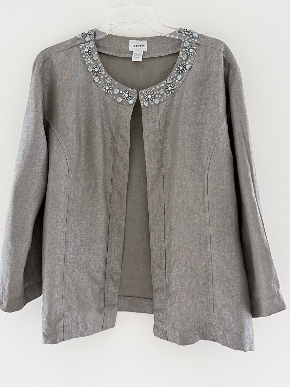 Chico's Shimmery Silver Open-Front Jacket with Jeweled Collar